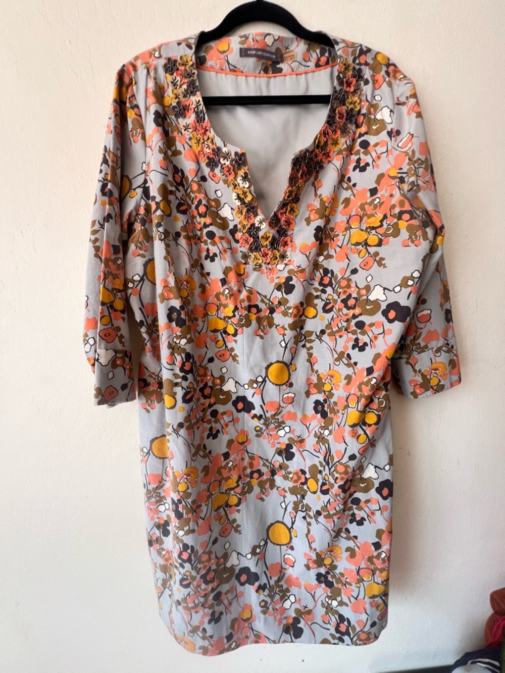 Boden Gray Floral-Print Midi Dress with Coral & Mustard Accents
